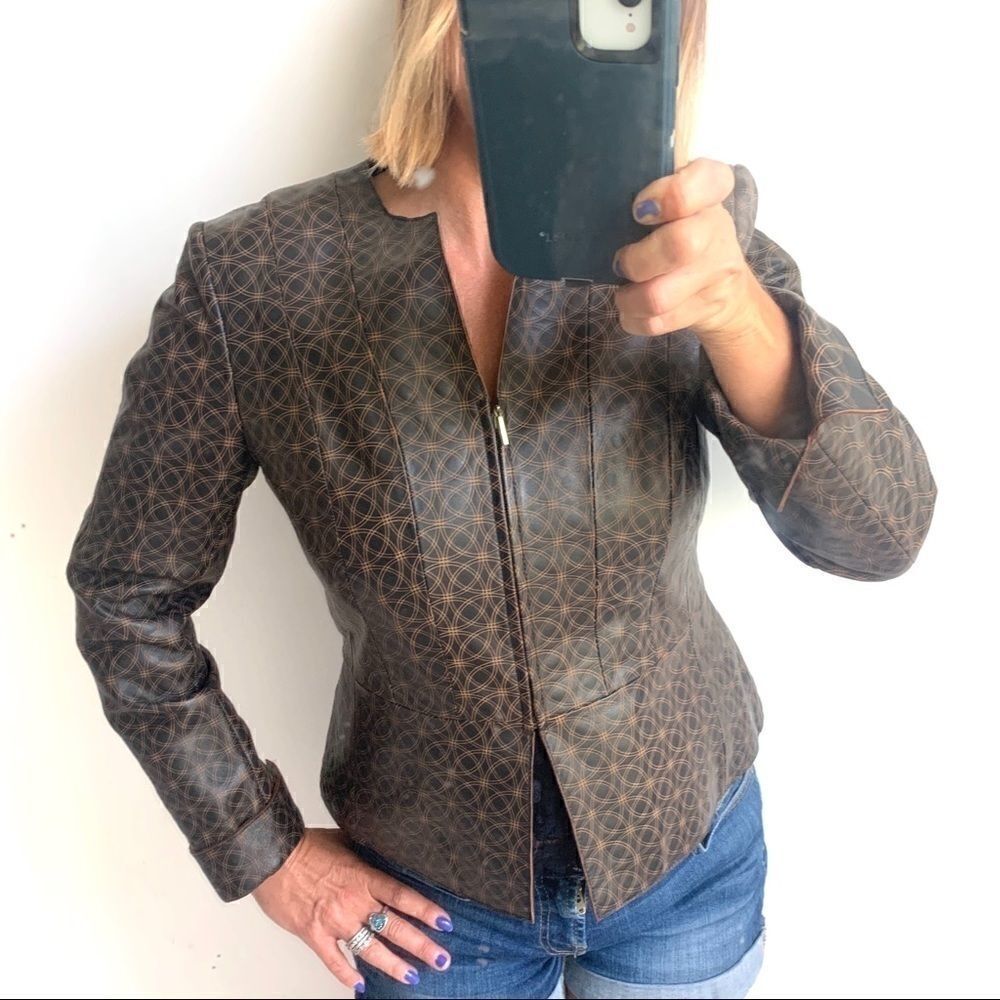 Leather Geometric Dark Brown Fitted Jacket